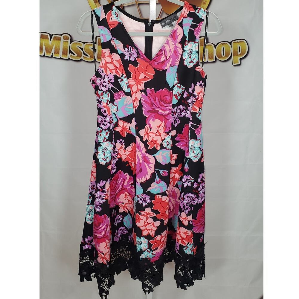 Donna Ricco New York Floral Sleeveless Fit & Flare Dress with Lace Hem Size 12